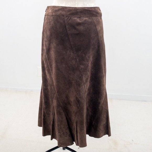 Vintage 90s M Suede Boho Midi Leather Skirt Brown - Picture 4 of 9
